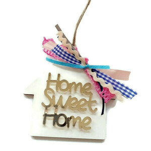 Στολίδι σπίτι Home sweet home - ξύλο, σπίτι, plexi glass, γούρια