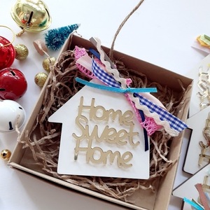 Στολίδι σπίτι Home sweet home - ξύλο, σπίτι, plexi glass, γούρια - 2