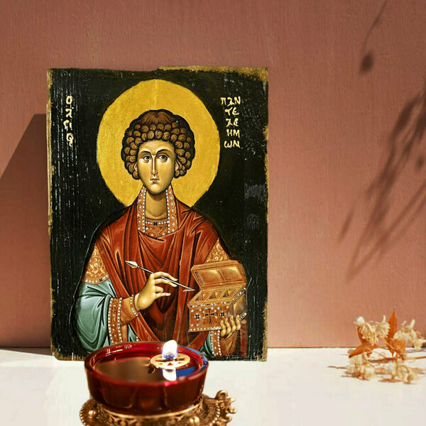 Άγιος Παντελεήμων Εικόνα Σε Ξύλο 18x21cm - πίνακες & κάδρα, πίνακες ζωγραφικής, εικόνες αγίων - 2