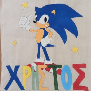 πάνινη τσάντα sonic με όνομα παιδιού για τη μεταφορά βιβλίων - ζωγραφισμένα στο χέρι, όνομα - μονόγραμμα - 4