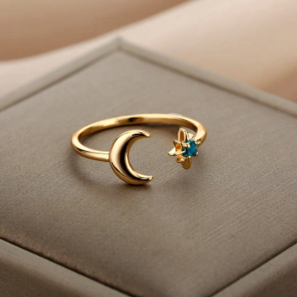 Celestian Luminous| δαχτυλίδι απο ατσάλι χρύσο χρώμα αστέρι - φεγγάρι - φεγγάρι, ατσάλι, αυξομειούμενα, φθηνά