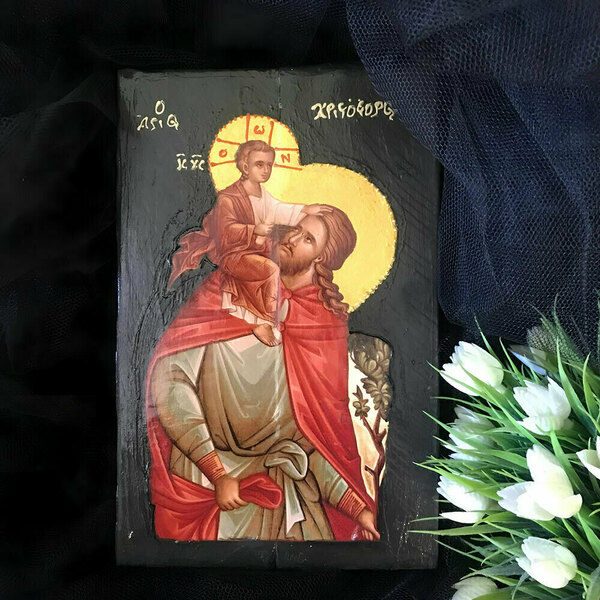 Άγιος Χριστόφορος Εικόνα Σε Ξύλο 15x23cm - πίνακες & κάδρα, πίνακες ζωγραφικής, εικόνες αγίων - 4