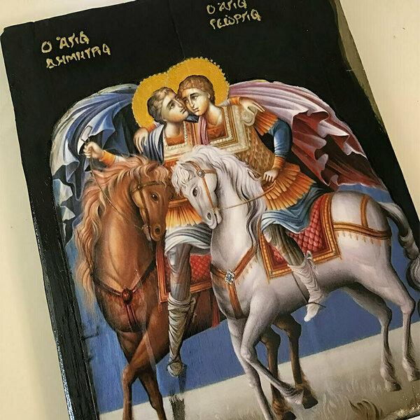 Άγιοι Γεώργιος και Δημήτριος Εικόνα Σε Ξύλο 18x23cm - πίνακες & κάδρα, πίνακες ζωγραφικής, εικόνες αγίων - 2