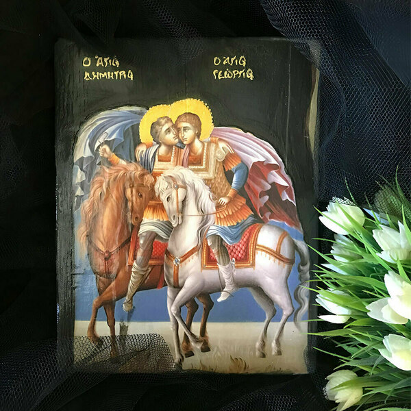 Άγιοι Γεώργιος και Δημήτριος Εικόνα Σε Ξύλο 18x23cm - πίνακες & κάδρα, πίνακες ζωγραφικής, εικόνες αγίων - 4