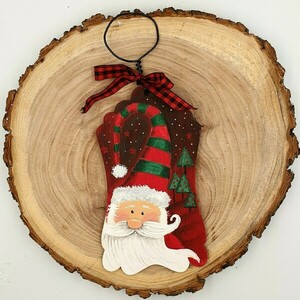 Χριστουγεννιάτικη ετικέτα ξύλινη vintage "red Santa" ,ζωγραφισμένη στο χέρι , 19χ10.5χ0.4cm - ξύλο, σπίτι, άγιος βασίλης, στολίδια, δέντρο - 4