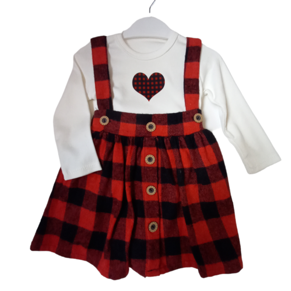 Φορεμα κορίτσι καρο με ραντες κόκκινο μαύρο και μπλούζα λευκή με μαύρη καρδιά τύπωμα - κορίτσι, παιδικά ρούχα, 1-2 ετών