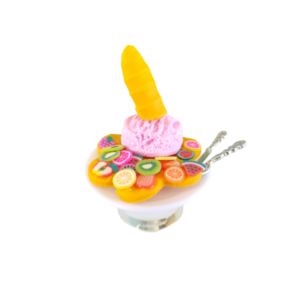 Δαχτυλίδι βάφλα με παγωτό φράουλα και φρούτα με πολυμερικό πηλό / μεγάλο / μεταλλική βάση / αυξομειούμενο / Twice Treasured - πηλός, cute, γλυκά, αυξομειούμενα