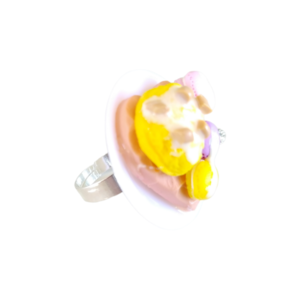 Δαχτυλίδι βάφλα καρδιά με παγωτό λεμόνι και macarons με πολυμερικό πηλό / μεγάλο / μεταλλική βάση / αυξομειούμενο / Twice Treasured - πηλός, cute, γλυκά, αυξομειούμενα, kawaii - 4