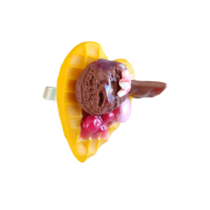 Δαχτυλίδι βάφλα καρδιά με παγωτό σοκολάτας, σοκολάτα, κεράσια και ροζ macaron με πολυμερικό πηλό / μεγάλο / μεταλλική βάση / αυξομειούμενο / Twice Treasured - πηλός, cute, γλυκά, αυξομειούμενα, kawaii - 5