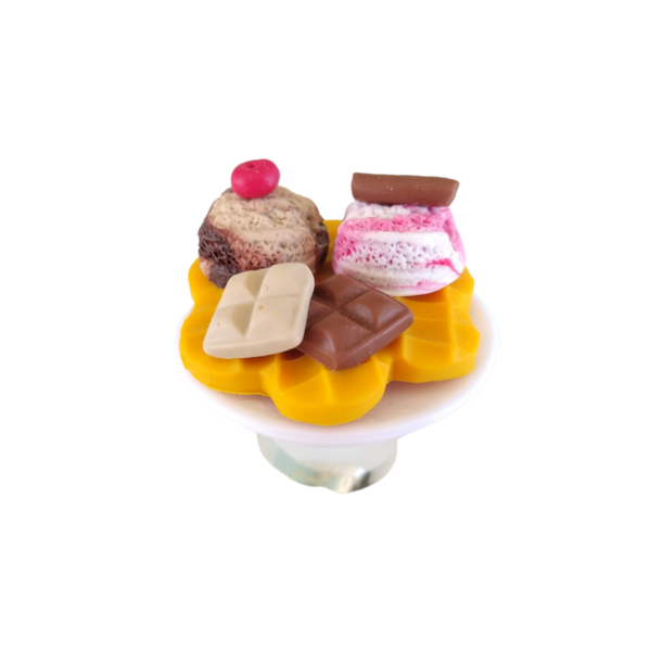 Δαχτυλίδι βάφλα με 2 μπάλες παγωτό και 2 μπάρες σοκολάτας με πολυμερικό πηλό / μεγάλο / μεταλλική βάση / αυξομειούμενο / Twice Treasured - πηλός, cute, γλυκά, αυξομειούμενα, kawaii