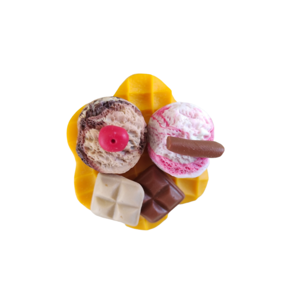 Δαχτυλίδι βάφλα με 2 μπάλες παγωτό και 2 μπάρες σοκολάτας με πολυμερικό πηλό / μεγάλο / μεταλλική βάση / αυξομειούμενο / Twice Treasured - πηλός, cute, γλυκά, αυξομειούμενα, kawaii - 5