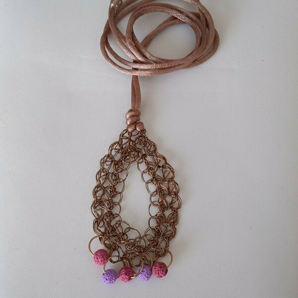 Wire crochet κολιέ με οβάλ μοτίφ & χρωματιστή λάβα - ημιπολύτιμες πέτρες, χαλκός, μακριά, boho, μεγάλα - 4