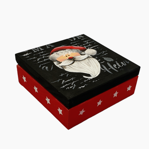 Χριστουγεννιατικο κουτί ξύλινο μαύρο 13x 13 - ξύλο, ζωγραφισμένα στο χέρι, διακοσμητικά, άγιος βασίλης