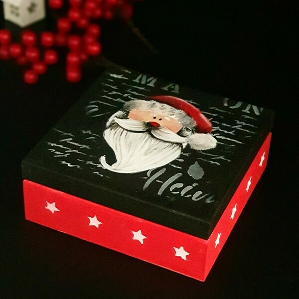Χριστουγεννιατικο κουτί ξύλινο μαύρο 13x 13 - ξύλο, ζωγραφισμένα στο χέρι, διακοσμητικά, άγιος βασίλης - 3