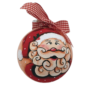 Χριστουγεννιάτικη μπάλα ζωγραφισμένη στο χέρι μπεζ 80mm - ξύλο, ζωγραφισμένα στο χέρι, άγιος βασίλης, στολίδια, μπάλες