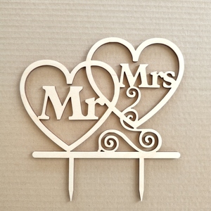 Ξύλινο διακοσμητικό τούρτας (Cake topper) καρδιές Mr and Mrs, 20 Χ 20 - mr & mrs - 2