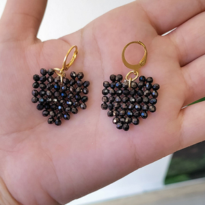Κρεμαστά σκουλαρίκια μαύρες καρδιές από κρυσταλλάκια - πέτρα, μέταλλο, κοσμήματα - 3