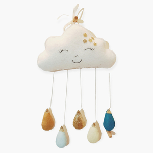 Μόμπιλε συννεφάκι happy cloud με σταγόνες βροχής, χειροποίητο - μόμπιλε, κρεμαστά, δώρο γέννησης, διακοσμητικό παιδικού δωματίου
