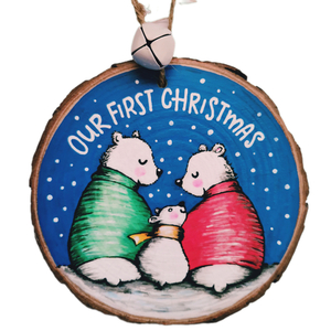 Χριστουγεννιάτικο ξύλινο διακοσμητικό στολίδι 9 εκ. "Our first Christmas" - ξύλο, μπαμπάς, στολίδια