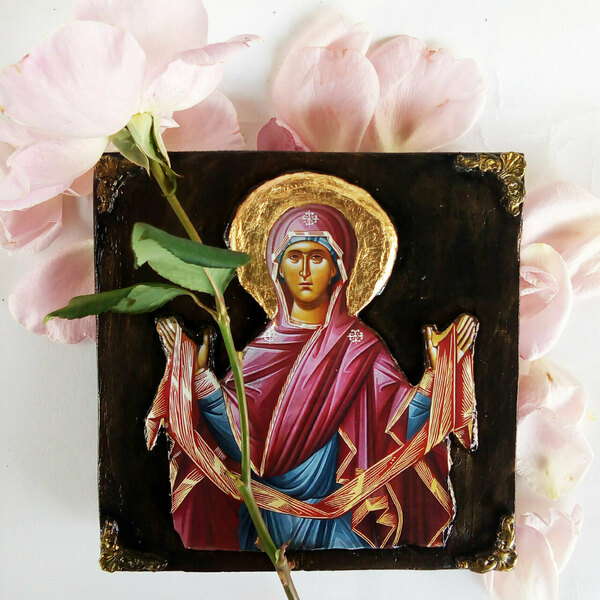 Αγία Ζώνη της Παναγίας Χειροποίητη Εικόνα Σε Ξύλο 18x19cm - πίνακες & κάδρα, πίνακες ζωγραφικής - 3