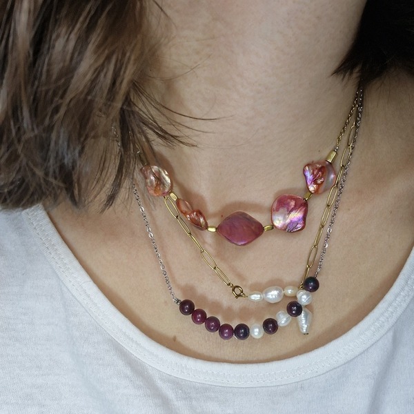 Κολιέ με ημιπολύτιμες πέτρες ροζ νεφρίτη και μαργαριτάρια σε ατσάλινη αλυσίδα - ημιπολύτιμες πέτρες, μαργαριτάρι, κοντά, ατσάλι - 4
