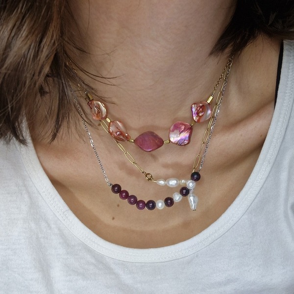 Κολιέ με ημιπολύτιμες πέτρες ροζ νεφρίτη και μαργαριτάρια σε ατσάλινη αλυσίδα - ημιπολύτιμες πέτρες, μαργαριτάρι, κοντά, ατσάλι - 2