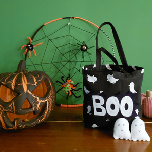 Halloween trick or treat τσαντάκι tote με φαντάσματα boo 23 x19 x 6 - ύφασμα, halloween, χειρός, tote, πάνινες τσάντες - 2