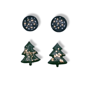 "Christmas stud set I" I Χειροποίητα μοντέρνα καρφωτά σκουλαρίκια από πολυμερικό πηλό - set 2 ζευγάρια- χρώμα πράσινο / μαύρο - πηλός, καρφωτά, μικρά, καρφάκι, φθηνά