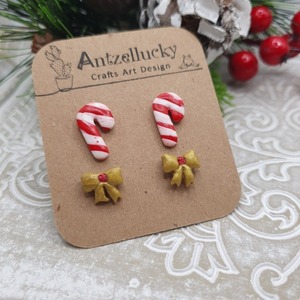 "Christmas stud set II" I Χειροποίητα μοντέρνα καρφωτά σκουλαρίκια από πολυμερικό πηλό - set 2 ζευγάρια- χρώμα λευκό / κόκκινο / χρυσό - πηλός, καρφωτά, μικρά, καρφάκι, φθηνά