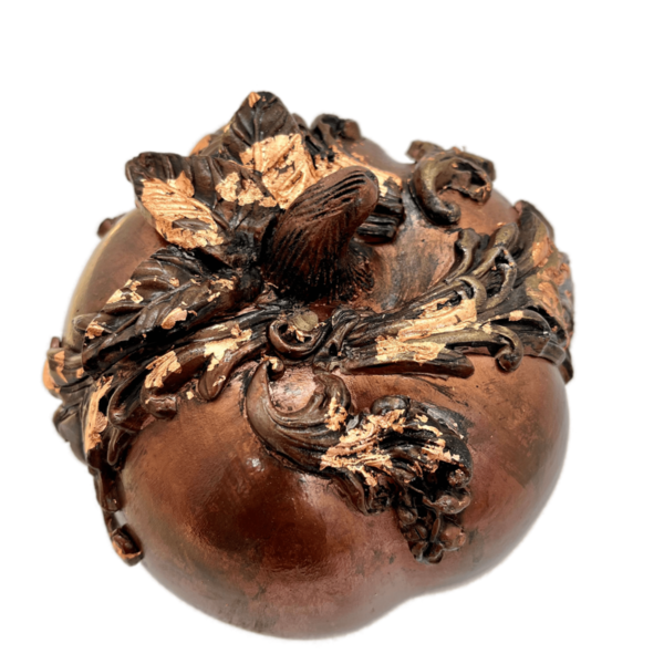 Κεραμική κολοκύθα 15εκ στολισμένη με πηλο και φύλλα ροζ χρυσό - πηλός, νονά, ρόδι, διακοσμητικά, κολοκύθα - 2
