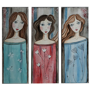 Τρίπτυχος πολύχρωμος πίνακας ζωγραφικής σε καμβά με γυναικείες μορφές "Τρεις Χάριτες" διάστασης 60χ65χ4εκ. - πίνακες & κάδρα, διακόσμηση, πίνακες ζωγραφικής