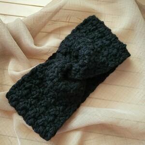 Πλεκτή κορδέλα-μαύρο - μαλλί, νήμα, crochet, headbands - 2