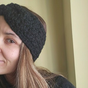 Πλεκτή κορδέλα-μαύρο - μαλλί, νήμα, crochet, headbands - 3