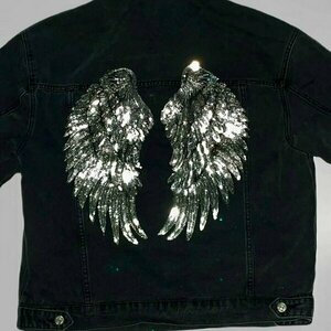 Trendy Oversized Denim Jacket - Detail on the back / Sequin Silver Angel Wings/ Black - βαμβάκι - 2