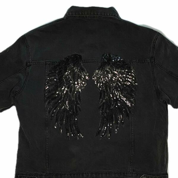 Trendy Oversized Denim Jacket - Detail on the back / Sequin Black Angel Wings/ Black - βαμβάκι