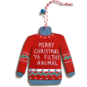 Ξύλινο, χριστουγεννιάτικο στολίδι σε σχήμα πουλόβερ, ύψους 10 εκ. με χιουμοριστική ευχή: Merry Christmas ya filthy animal - ξύλο, χιουμοριστικό, στολίδια