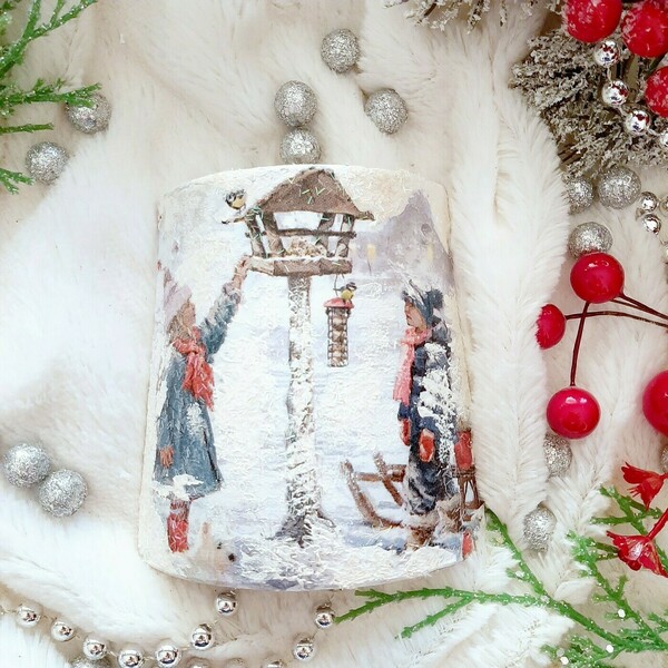 Χριστουγεννιάτικο στολίδι κεραμίδι με παιδάκια και σπίτι με πουλάκια ντεκουπάζ, 10*8,5εκ. - vintage, πηλός, διακοσμητικά, χιονονιφάδα - 3
