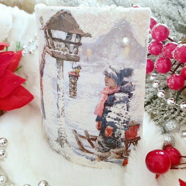Χριστουγεννιάτικο στολίδι κεραμίδι με παιδάκια και σπίτι με πουλάκια ντεκουπάζ, 10*8,5εκ. - vintage, πηλός, διακοσμητικά, χιονονιφάδα - 4