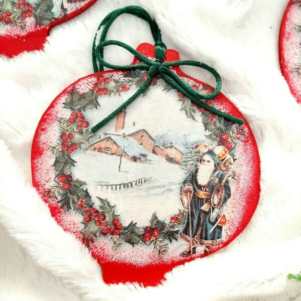 Χριστογγεννιάτικα στολίδια σε σχήμα ρόδι, με χιονισμένο τοπίο και Άη Βασίλη, σετ των 2, συλλογή ν.3, 11*10εκ. - ξύλο, ρόδι, άγιος βασίλης, στολίδια, μπάλες - 2