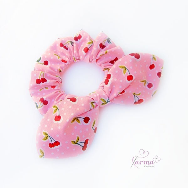 Bunny scrunchie ροζ πουα με κερασάκια - ύφασμα, κορίτσι, μαμά και κόρη, λαστιχάκια μαλλιών, αξεσουάρ μαλλιών - 2