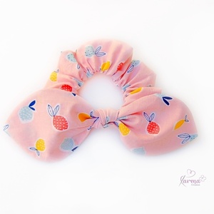 Bunny scrunchie ροζ με πολύχρωμα λεμονάκια - ύφασμα, κορίτσι, μαμά και κόρη, λαστιχάκια μαλλιών, αξεσουάρ μαλλιών