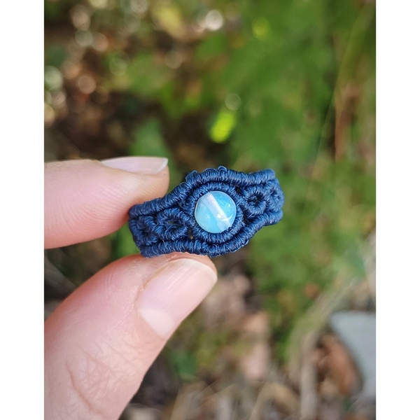 Μακραμέ δαχτυλίδι με ημιπολύτιμο λίθο φεγγαρόπετρα, μπλε. - ημιπολύτιμες πέτρες, μακραμέ - 3