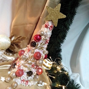 Χριστουγεννιάτικο δέντρο στολισμένο σαμπανί-σάπιο μήλο με λαμπάκια 35×14cm - διακοσμητικά, χριστούγεννα, πρωτοχρονιά, δέντρο - 4