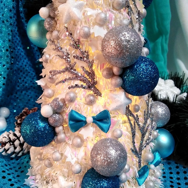 Χριστουγεννιάτικο δέντρο στολισμένο τυρκουάζ-ασημί με λαμπάκια 35×14cm - χριστουγεννιάτικο δέντρο, διακοσμητικά, χριστούγεννα, πρωτοχρονιά, δέντρο - 3