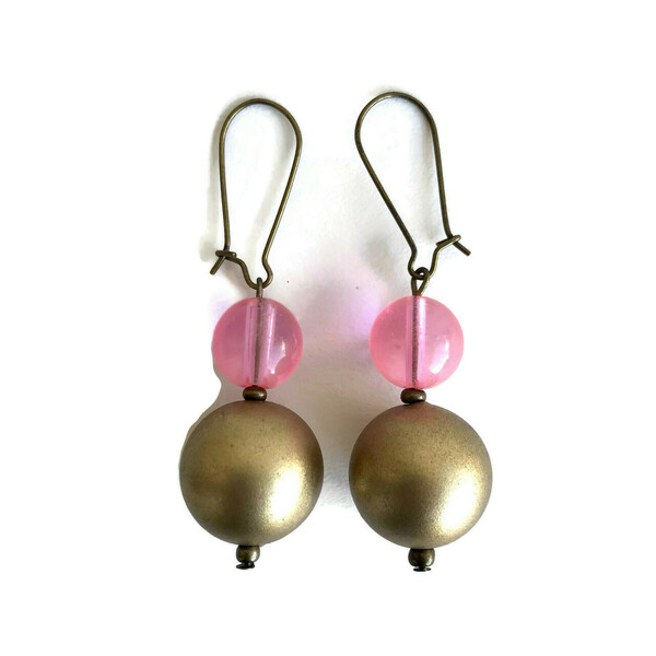 Σκουλαρίκια κρεμαστά Bubbles Χρυσό Ροζ χάντρες μεταλλικοί γάντζοι μπρονζέ διαστάσεις 6 εκατοστά - χάντρες, μπρούντζος, κρεμαστά, μεγάλα, γάντζος