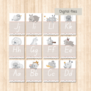Εκπαιδευτικές κάρτες για παιδία με τα γράμματα της Αλφαβήτα στα ΑΓΓΛΙΚΑ και Αριθμοί 0-9 με γκρί ζωάκια - Εκτυπώσιμο αρχείο - κάρτες