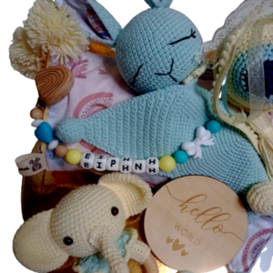 Τούρτα νεογέννητου με πλεκτά amigurumi - σετ δώρου, diaper cake - 3