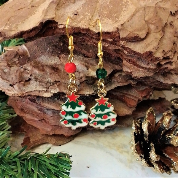 Χριστουγεννιάτικα σκουλαρίκια κρεμαστά, δέντρο μεταλλικό με σμάλτο, 2 χρώματα κρύσταλλα, 6εκ. - μέταλλο, μαμά, κοσμήματα, χριστουγεννιάτικα δώρα, δέντρο - 3
