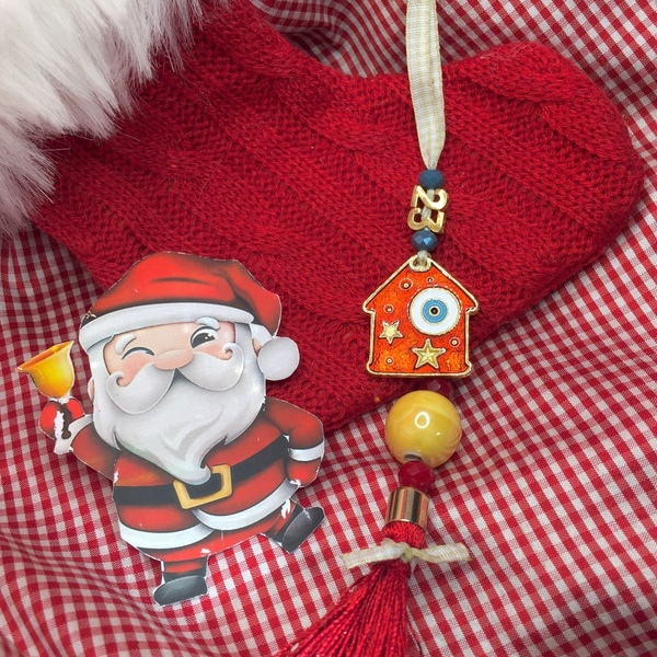 Μικρό γουράκι αστεράτο σπιτάκι με ματάκι και κεραμική χάντρα - σπίτι, μέταλλο, κρεμαστά, χριστουγεννιάτικα δώρα, γούρια - 2