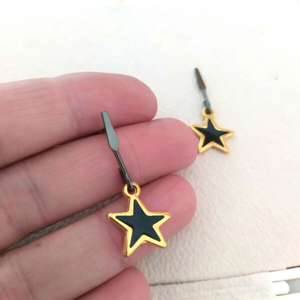 Σκουλαρίκια αστέρι με σμάλτο - επιχρυσωμένα, ορείχαλκος, μικρά, κρεμαστά - 2